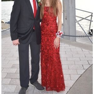 La Femme Red Sequin Jacquard Strappy Gown, Red Prom Dress, Formal Attire